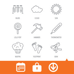 Fototapeta premium Footprint, lab bulbs and thermometer icons. Muffin, bow and lolly pop linear signs. Cloud and sun flat line icons. Download arrow, locker and calendar web icons. Vector
