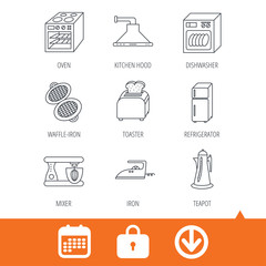 Dishwasher, refrigerator fridge and blender icons. Kitchen hood, mixer and toaster linear signs. Oven, teapot and waffle-iron icons. Download arrow, locker and calendar web icons. Vector