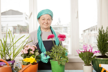 old woman gardening at home