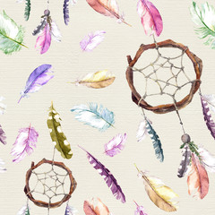 Feathers, dream catcher. Repeating pattern for vintage background. Watercolor
