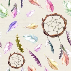Door stickers Dream catcher Feathers, dream catcher. Repeating pattern for vintage background. Watercolor
