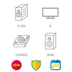 Sound, club music and pc case icons. TV linear sign. Shield protection, calendar and new tag web icons. Vector