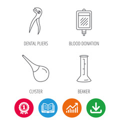 Beaker, blood and dental pliers icons. Clyster linear sign. Award medal, growth chart and opened book web icons. Download arrow. Vector