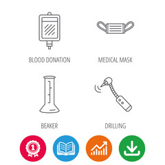 Medical mask, blood and drilling tool icons. Beaker linear sign. Award medal, growth chart and opened book web icons. Download arrow. Vector