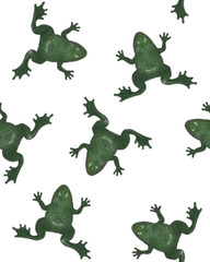 Plastikfrösche Muster, freistehend auf weißem Hintergrund