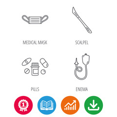 Medical mask, pills and scalpel icons. Enema linear sign. Award medal, growth chart and opened book web icons. Download arrow. Vector