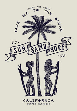 vintage tribal surf print with girls and palm - sun sand surf