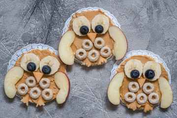 Funny owl with peanut butter and fruits on rice cake
