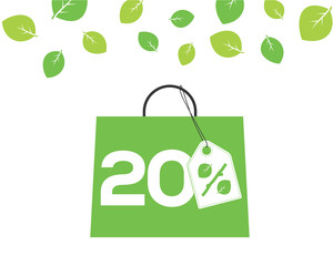 Vector green shopping bag with 20% text and percent design with leaf and stick price tag label on it on white background with leaves. For spring sale campaigns.