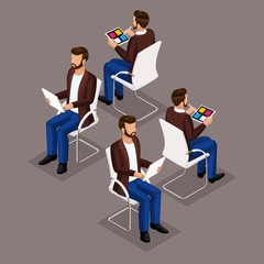 Trend Isometric People Set 2, 3D businessmen in suits, sitting on a chair, front view and rear view isolated on a dark background. Vector illustration