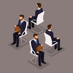 Trend Isometric People Set 3, 3D businessmen in suits, sitting on a chair, front view and rear view isolated on a dark background. Vector illustration