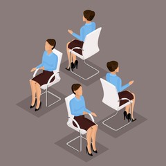 Trend Isometric People Set 1, 3D business woman in business suit, sitting on a chair, front view and rear view isolated on a dark background. Vector illustration