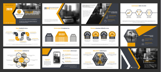Creative set of abstract infographic elements. Modern presentation template with title sheet. Brochure design in yellow, dark blue, white and gray colors. Vector illustration. City street image. Urban