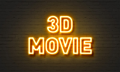 3D movie neon sign on brick wall background.