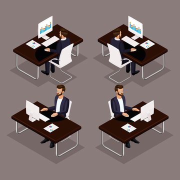 Trend Isometric people set 3, 3D businessman working at his desk on a laptop front view, rear view, glasses, stylish hairstyle hipster, office worker man in a suit isolated on a dark background