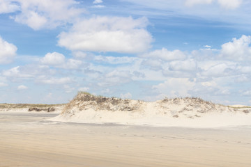 Fototapeta na wymiar Wheel marks on the sand, dunes and vegetation of Mostardas beach
