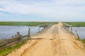 Dirty road, wood bridge and Vegetation at Lagoa do Peixe lake, Mostardas city, Rio  Grande do Sul, Brazil.