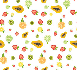 Colorful tropical fruits and strawberries seamless pattern