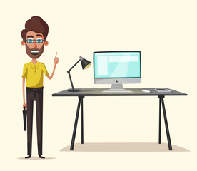 Fototapeta na wymiar Modern workplace. Creative character. Office work. Cartoon vector illustration