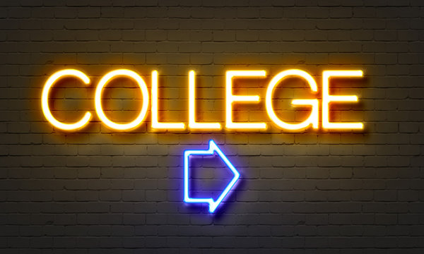 College neon sign on brick wall background.