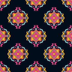 Dark pattern with colorful flowers. Seamless ornament decoration.