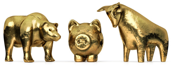 Sparschwein mit Bulle und Bär aus gold