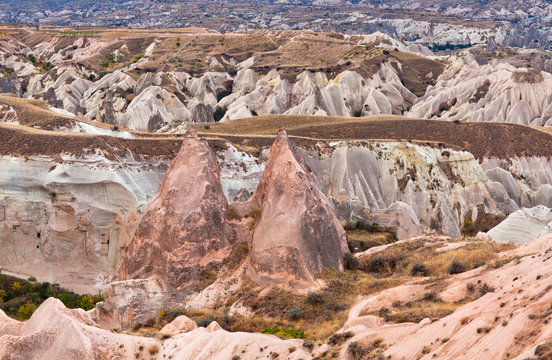 Unique geological formations in Red valley, Cappadocia, Turkey