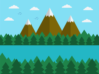 Natural landscape in the flat simple style with mountains