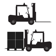 Silhouette of the forklift. Delivery of cargo.