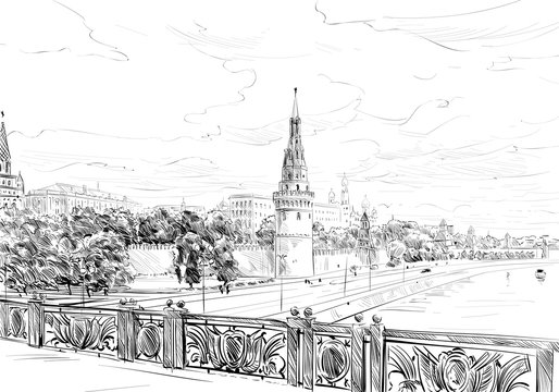 Russia. Moscow. Kremlin. Hand drawn vector illustration.