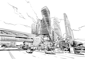 Russia. Moscow city. Hand drawn sketch. Business Center. Vector illustration.