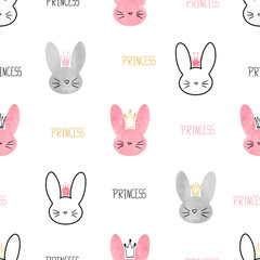 Seamless princess bunny pattern. Vector background with cute rabbits for girls design.