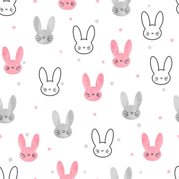 Cute bunny pattern. Seamless vector background with rabbits for kids design. 