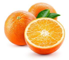 Orange fruit with leaves isolated on white background.