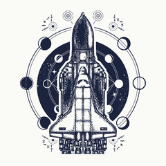 Space shuttle tattoo art. Symbol of space research, the flight to new galaxies. Space shuttle taking off on mission t-shirt design - obrazy, fototapety, plakaty