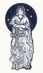 Virgin Mary tattoo art. Symbol of Christianity, religion, mother of Christ. Virgin Mary with a cross t-shirt design
