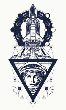 Flying-up spaceship and astronaut tattoo art. Flight to new galaxies, space researches, boundless Universe. Woman astronaut flight to Mars by spaceship t-shirt design