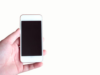 Single hand holding white phone black screen isolated white background with clipping path