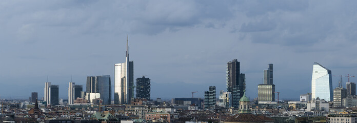 Milan panoramic skyline with new modern skyscrapers in Porta Nuova business district in Milan, Italy.