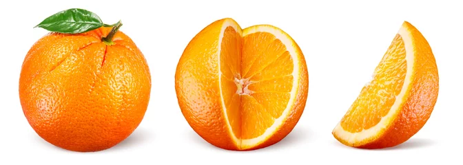 Foto op Plexiglas Oranje fruit met blad geïsoleerd op een witte achtergrond. Verzameling. © Tim UR