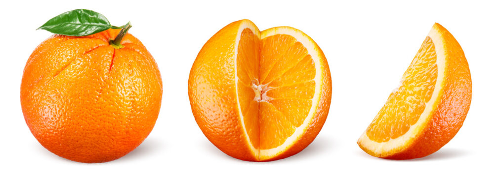 Fototapeta Orange fruit with leaf isolated on white background. Collection.
