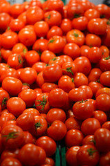 Delicious red tomatoes. A pile of tomatoes. Summer tray market agriculture farm full of organic tomatoes.