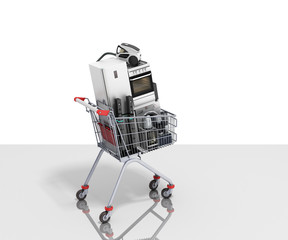 Home appliances in the shopping cart E-commerce or online shopping concept 3d render on glass flor