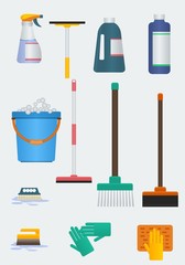Various Cleaning Tools Vector Illustration Icons Set for House Care Related Design Project