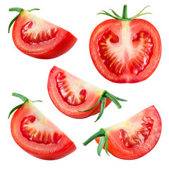 Tomato. Fresh vegetable isolated on white. Whole, half, slice, piece, quarter, section, segment. Collection.