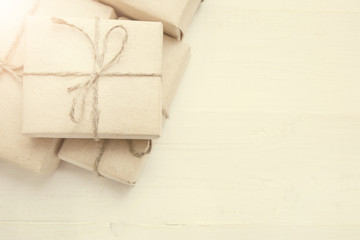 wrapped gifts on a white table