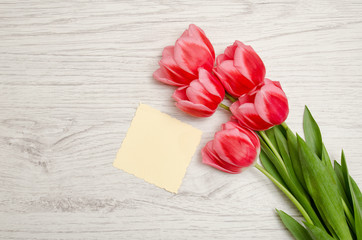 Small blank sheet of paper and pink tulips on a light wooden background. top view, space for text