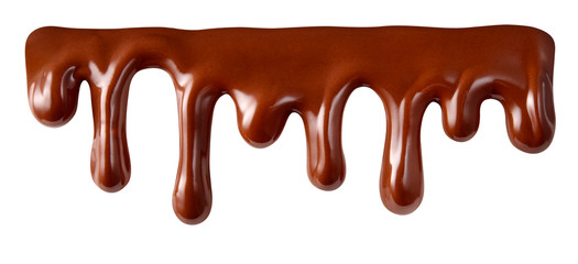 Melted chocolate syrup is dripping. Streams with drops isolated on white. With clipping path.