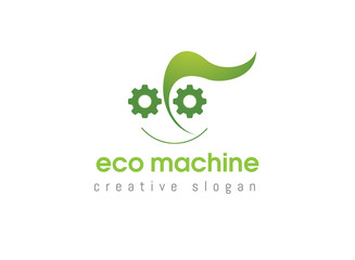 Illustration of green leaf with cogwheel. Vector logo design template. Abstract concept for ecology theme, green eco energy, technology and industry.