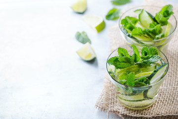 Cucumber lime mint fresh infused water detox drink cocktail lemonade